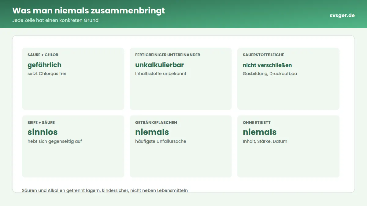 Schrank mit getrennt gelagerten Putzmitteln, saure Ansätze links, alkalische Pulver rechts, alle Gefäße beschriftet und außer Reichweite von Kindern