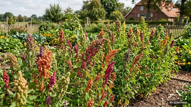 Quinoapflanzen mit bunten Samenständen im Beet