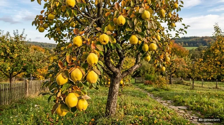 Quittenbaum mit gelben Quitten im Herbst