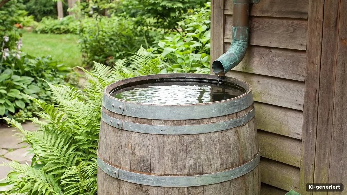 Regentonne aus Holz am Gartenhaus