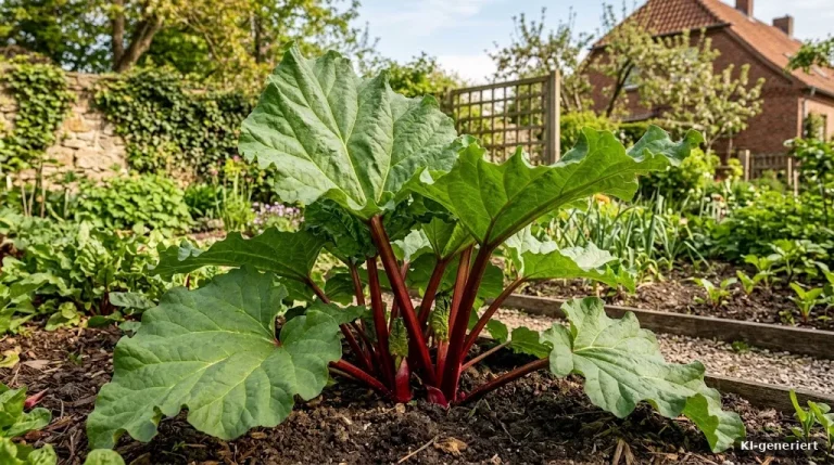 Rhabarber mit roten Stielen und großen Blättern im Garten