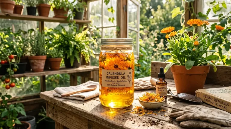 Orange blühende Ringelblumen in einem Kräuterbeet mit Erntekorb