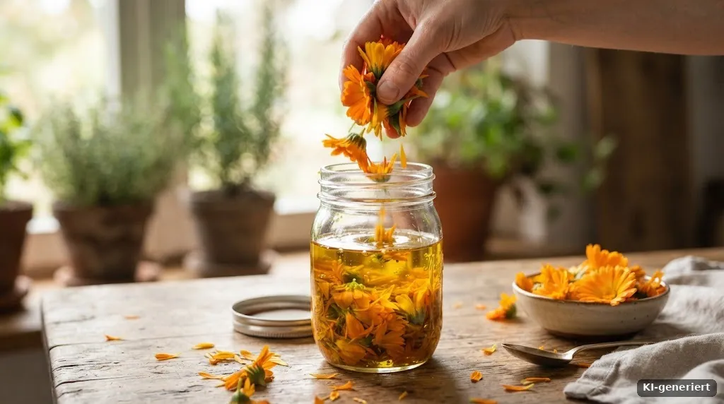 Ringelblumenblüten werden in ein Glas mit Öl gegeben