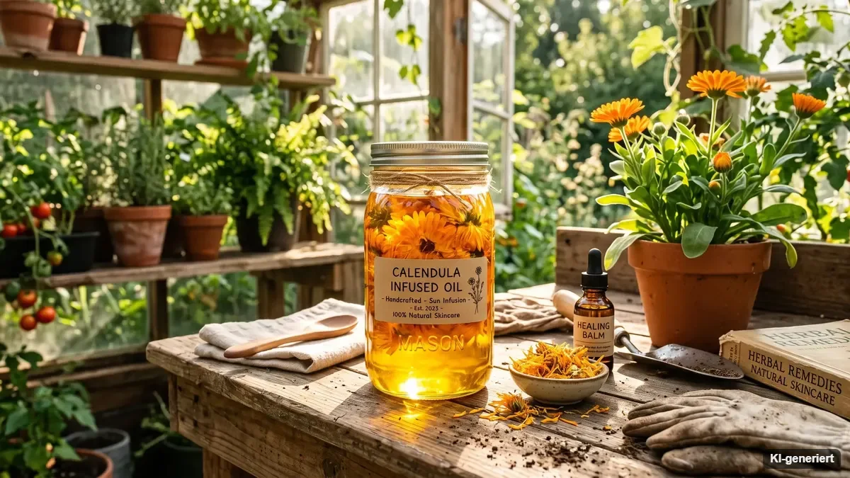 Orange blühende Ringelblumen in einem Kräuterbeet mit Erntekorb