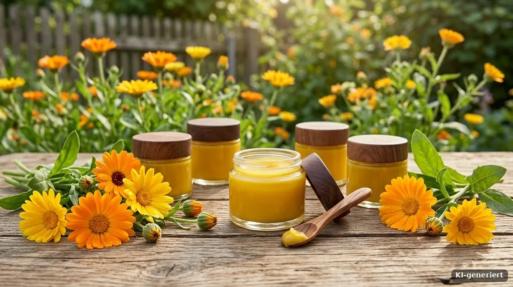 Goldgelbe Salbe in kleinen Glastiegeln auf einem Holztisch mit Ringelblumen