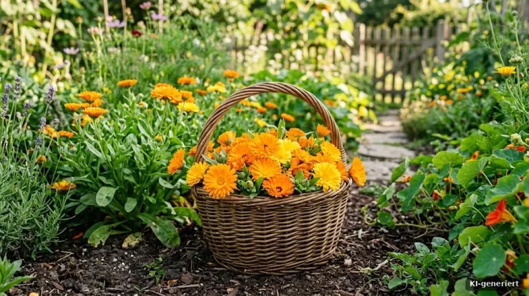 Orange Ringelblumenblüten in einem Weidenkorb im Gartenbeet