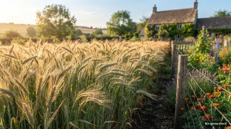 Hoher Roggen mit Ähren im Wind am Gartenrand