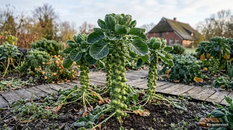 Rosenkohlpflanzen mit Röschen am Stamm im Winterbeet
