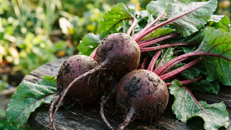 Frisch geerntete Rote Bete mit Blättern auf Gartenerde