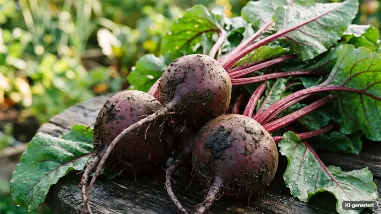 Frisch geerntete Rote Bete mit Blättern auf Gartenerde