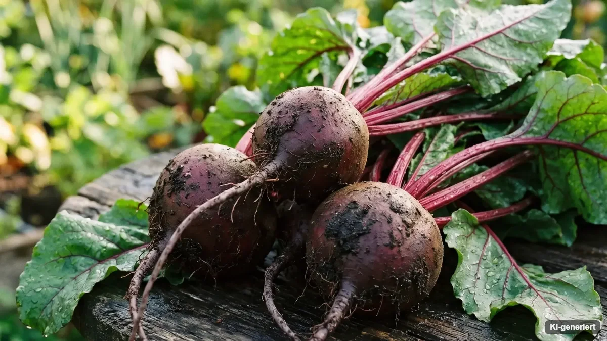 Frisch geerntete Rote Bete mit Blättern auf Gartenerde