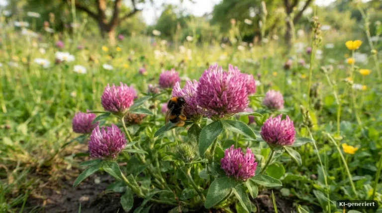 Blühender Rotklee auf einer Gartenwiese mit einer Wildbiene