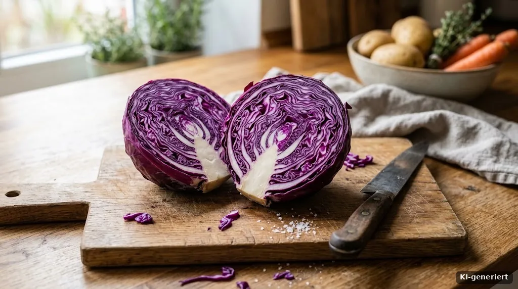 Halbierter Rotkohl auf einem Schneidebrett