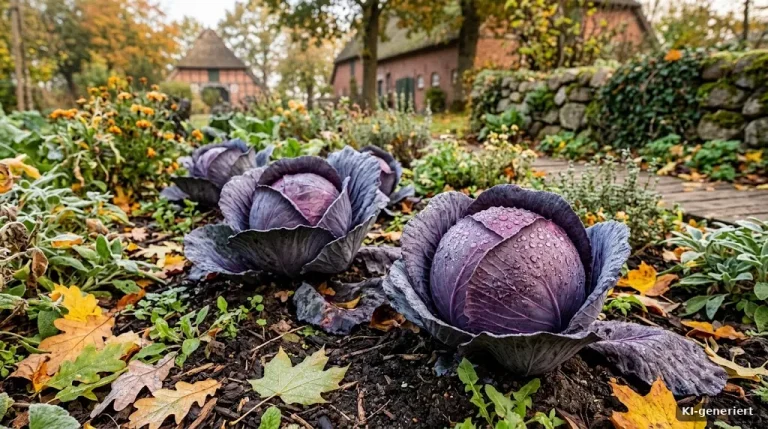 Rotkohlköpfe mit Tautropfen im Herbstbeet