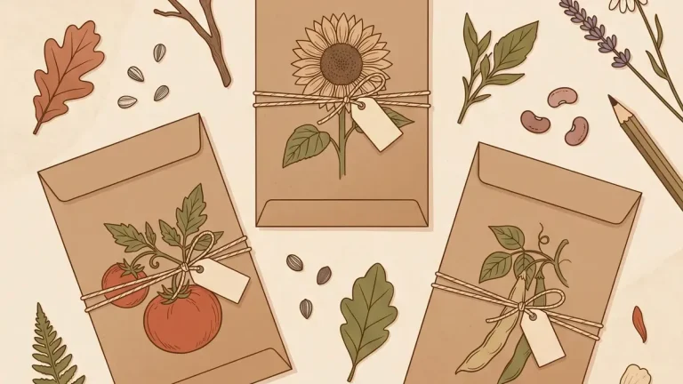 Getrocknete Bohnen, Tomatensamen und beschriftete Saatguttüten auf einem Holztisch