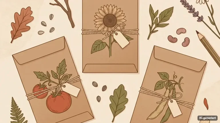 Getrocknete Bohnen, Tomatensamen und beschriftete Saatguttüten auf einem Holztisch