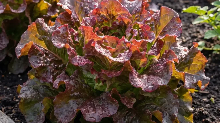 Beet mit grünem Kopfsalat, rotem Pflücksalat und Feldsalat in Reihen