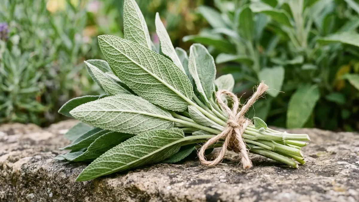 Echter Salbei mit silbrig-grünen, samtigen Blättern und violetten Blütenähren im Kräuterbeet
