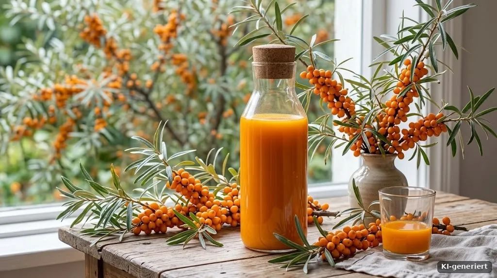 Sanddornsaft in einer Glasflasche neben Sanddornzweigen