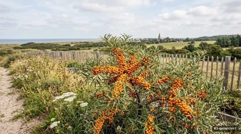 Sanddornstrauch voller orangefarbener Beeren an der Küste
