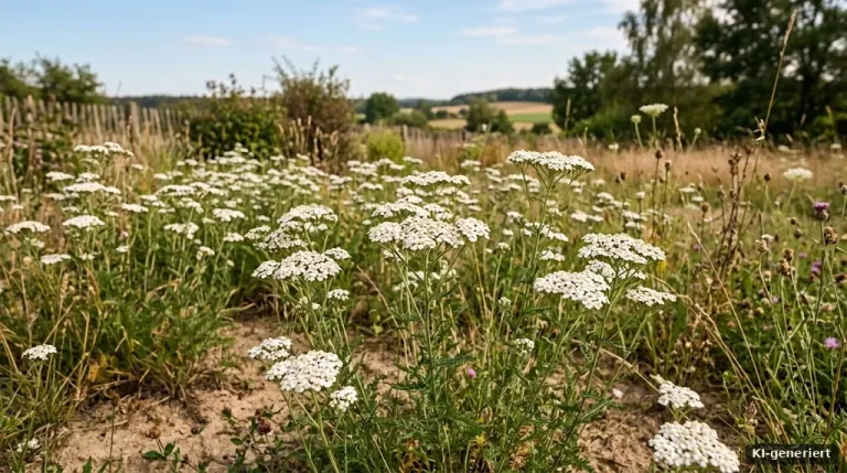 Weiß blühende Schafgarbe auf einer mageren Gartenfläche