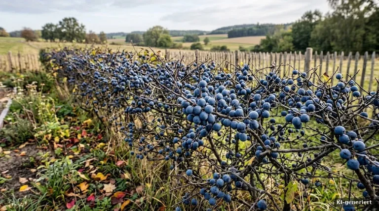 Schlehenhecke mit blauen bereiften Früchten im Herbst