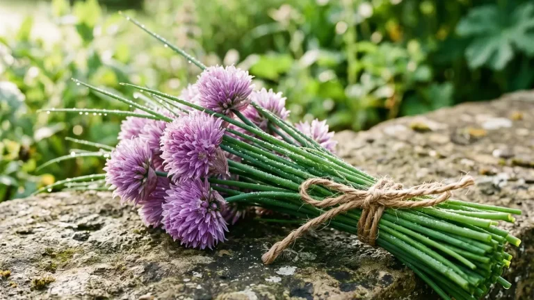 Dichter Schnittlauch-Horst mit röhrigen Halmen und violetten Kugelblüten im Gemüsebeet
