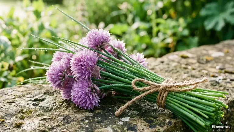 Dichter Schnittlauch-Horst mit röhrigen Halmen und violetten Kugelblüten im Gemüsebeet