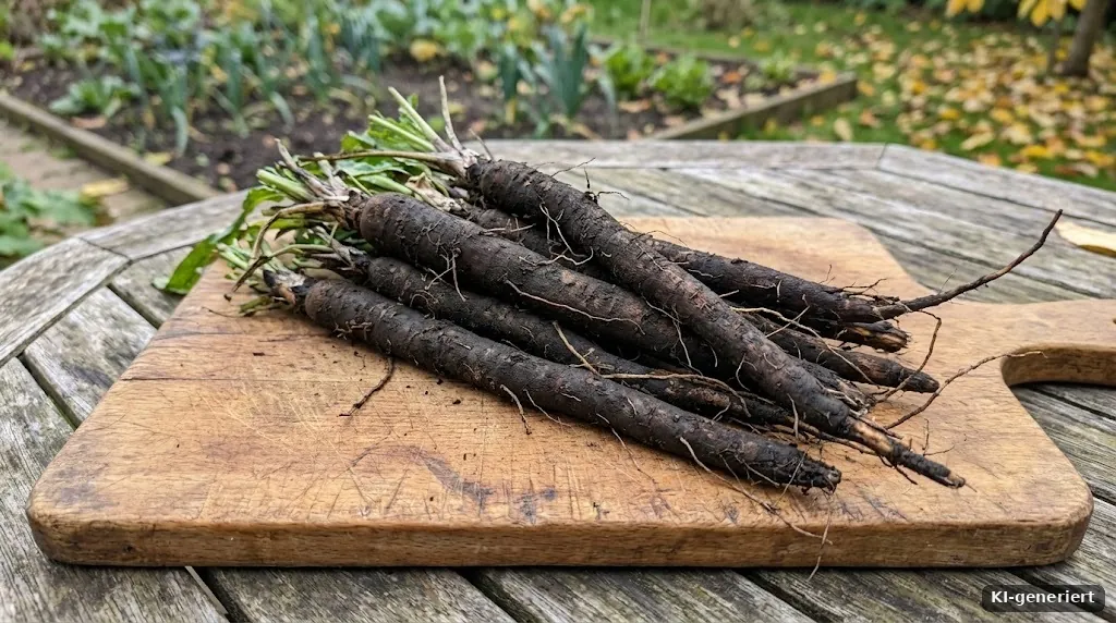 Geerntete Schwarzwurzeln auf einem Holzbrett