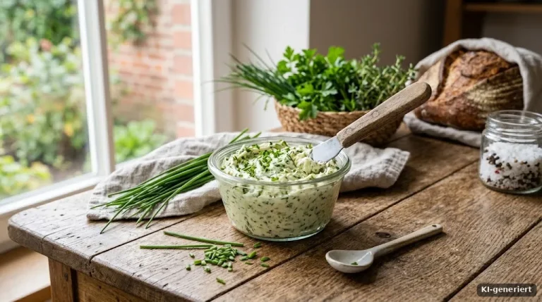 Selbstgemachte pflanzliche Kräuterbutter in einem Glasschälchen mit Schnittlauch