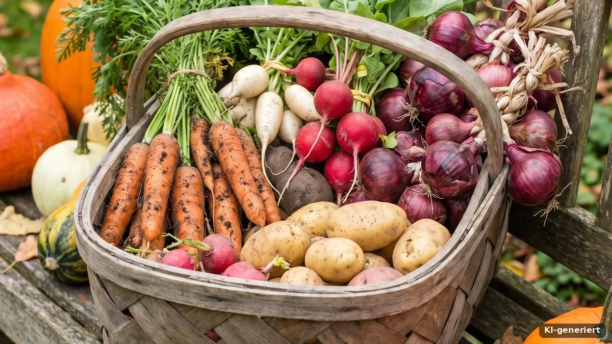 Erntekorb mit Gemüse auf einer Gartenbank