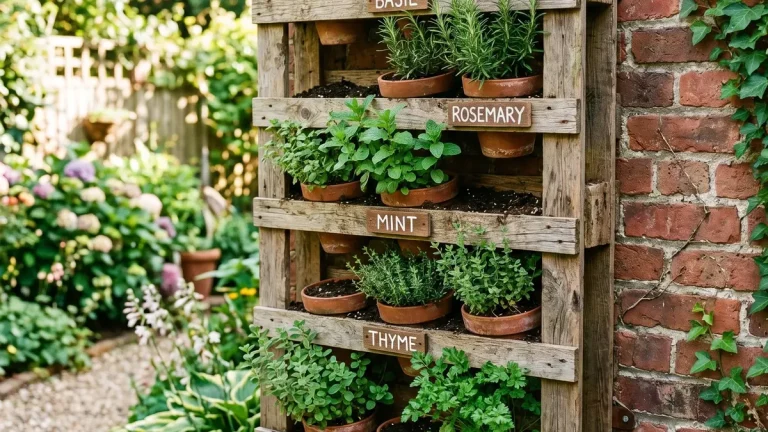 Sonniger Balkon mit Tomaten im Kübel, Kräutern im Balkonkasten und Rankgitter mit Bohnen