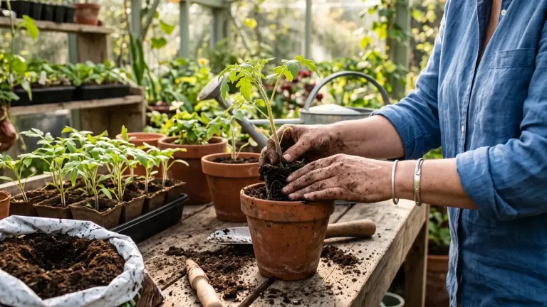 Erntekorb mit Kartoffeln, Bohnen und Kürbis auf einem Holztisch im Garten