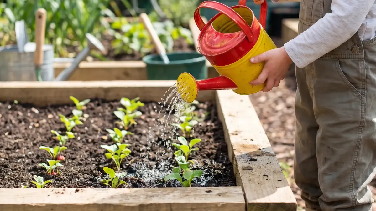 Kind gießt mit kleiner Gießkanne Radieschen in einem eigenen Kinderbeet im Gemüsegarten