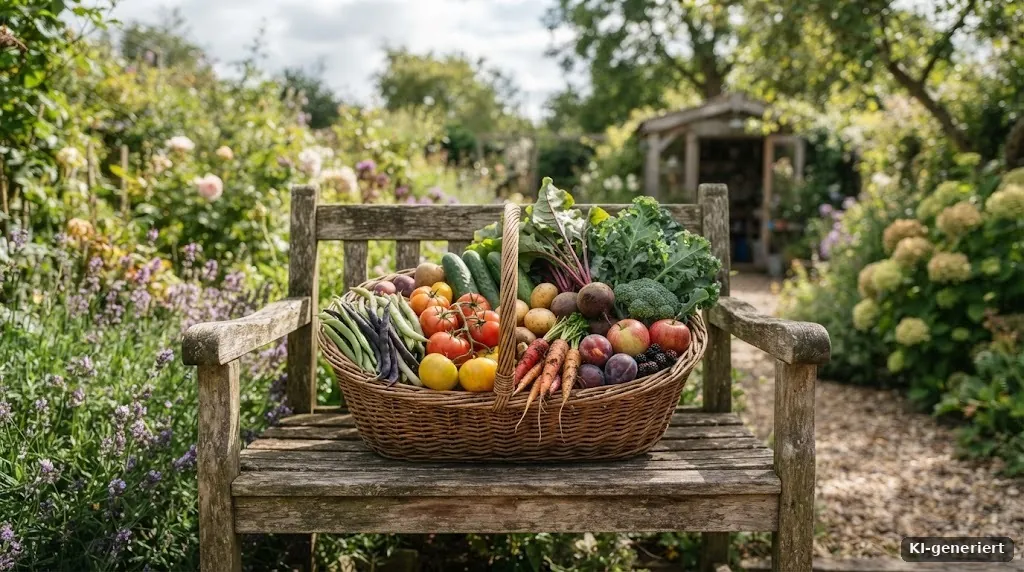 Erntekorb mit Gemüse, Bohnen und Obst auf einer Gartenbank