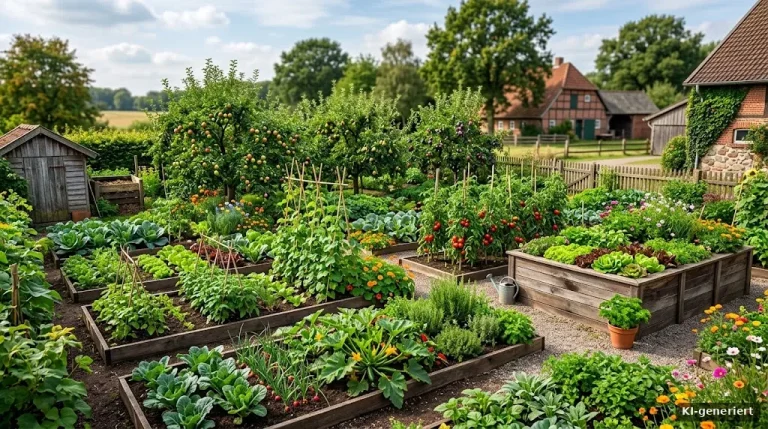 Üppiger Selbstversorgergarten mit Gemüsebeeten, Obstbäumen und Hochbeet