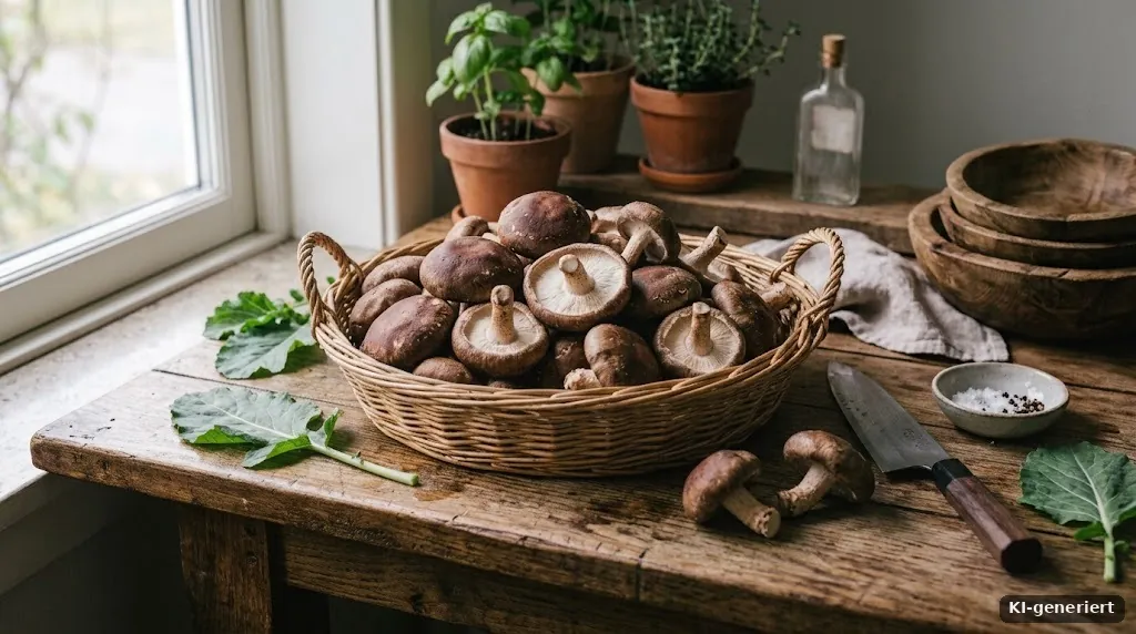 Frische Shiitake-Pilze in einem Korb