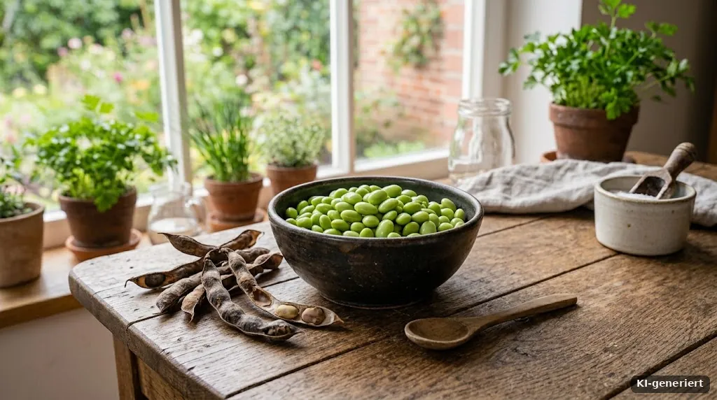 Ausgepalte Sojabohnen in einer Schale neben trockenen Hülsen