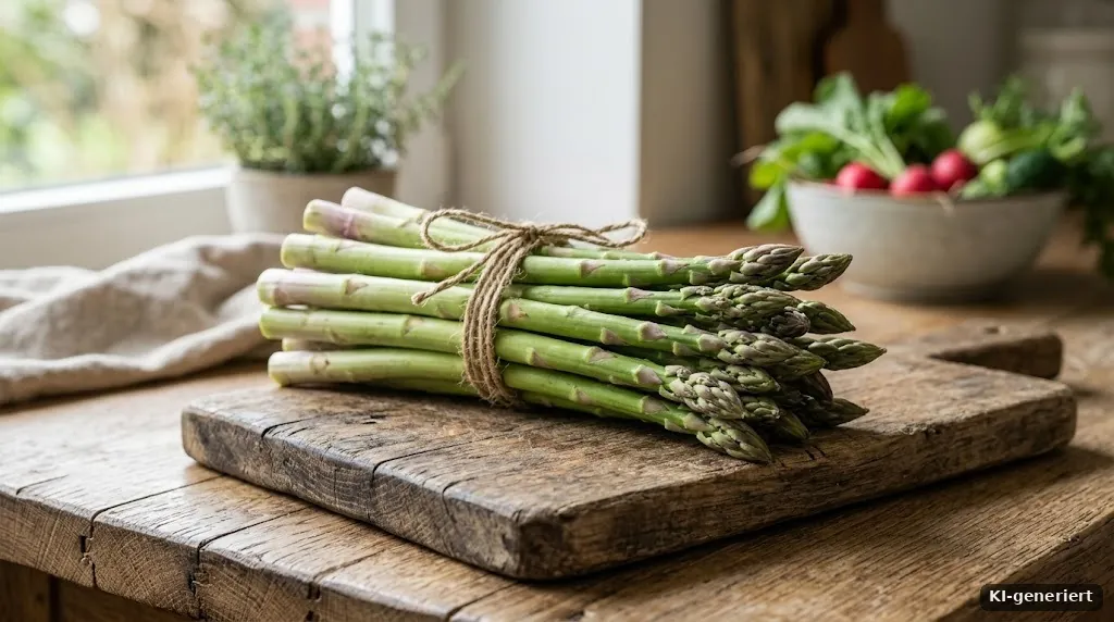 Bund frischer Spargel auf einem Holzbrett