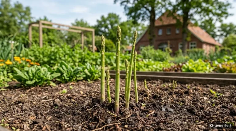 Grüner Spargel sprießt aus einem Gartenbeet