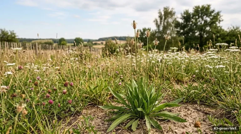 Spitzwegerich mit schmalen Blättern auf einer Wiese