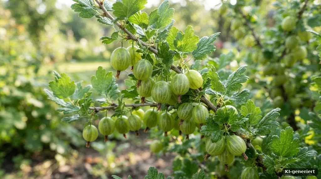Grüne Stachelbeeren an einem Strauch