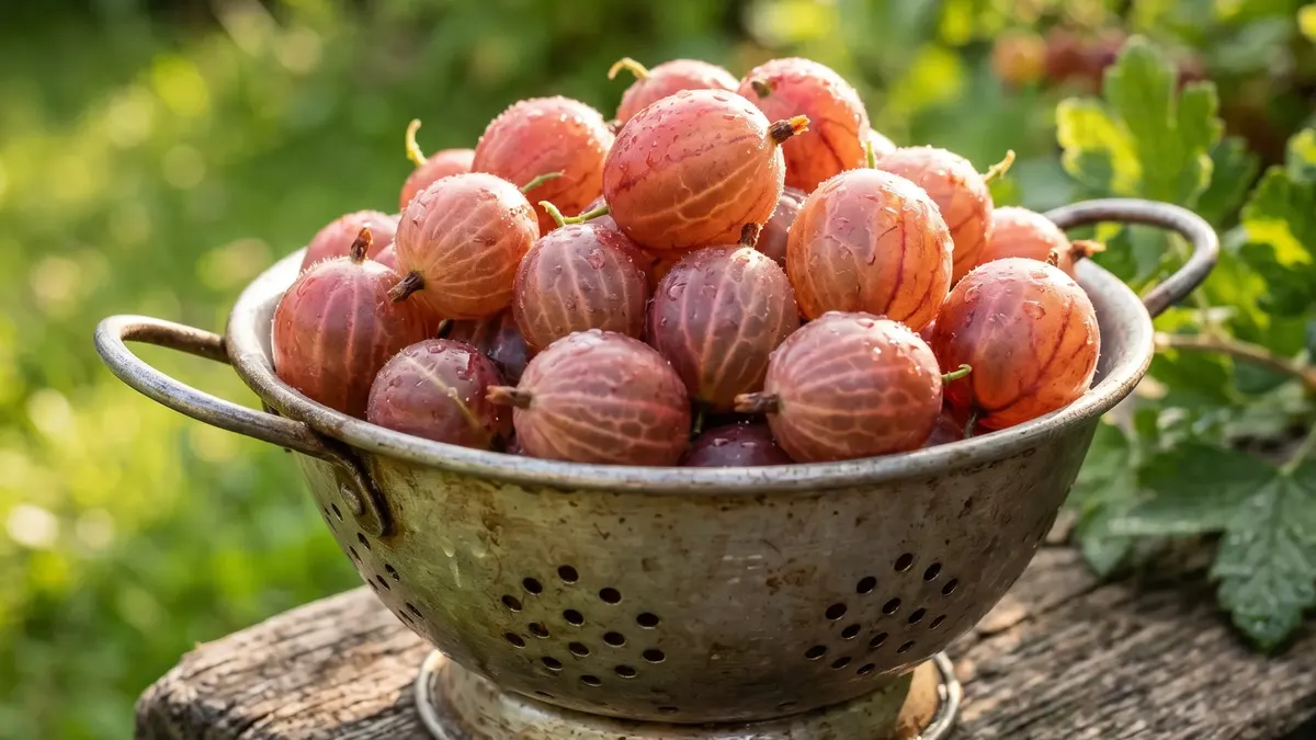 Stachelbeerstrauch mit grünen und rötlichen reifen Stachelbeeren an dornigen Zweigen