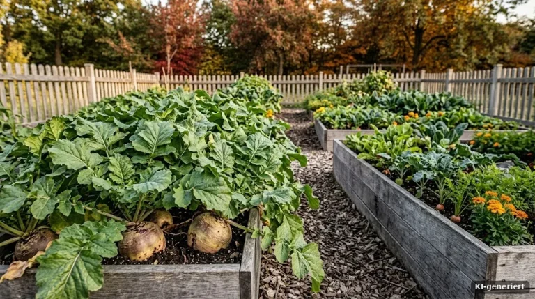 Steckrüben im Herbstbeet mit großen Blättern
