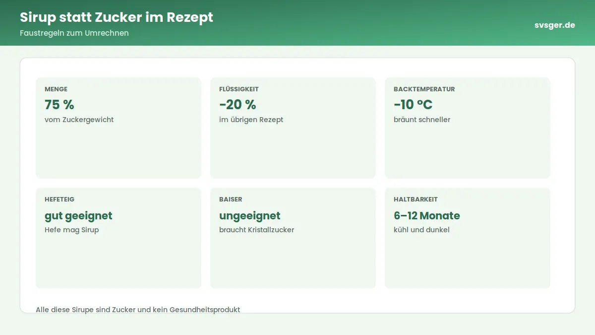 Kennzahlen-Grafik: Sirup statt Zucker im Rezept – Faustregeln zum Umrechnen