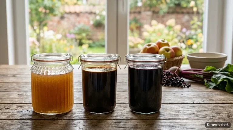 Gläser mit Apfeldicksaft, Rübensirup und Holundersirup auf einem Holztisch