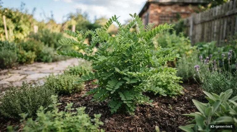 Süßholzstaude mit gefiederten Blättern im Kräutergarten