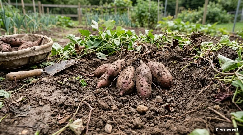 Frisch ausgegrabene Süßkartoffeln auf der Erde