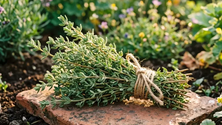 Blühender Echter Thymian mit kleinen graugrünen Blättern zwischen Natursteinen
