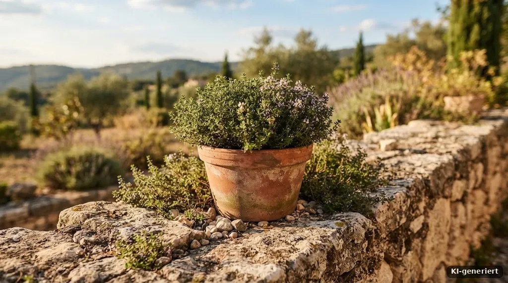 Thymian in einem Tontopf auf einer sonnigen Steinmauer